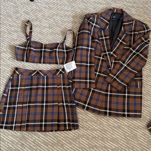 ASOS Brown and Blue Plaid Blazer Skirt & crop top set